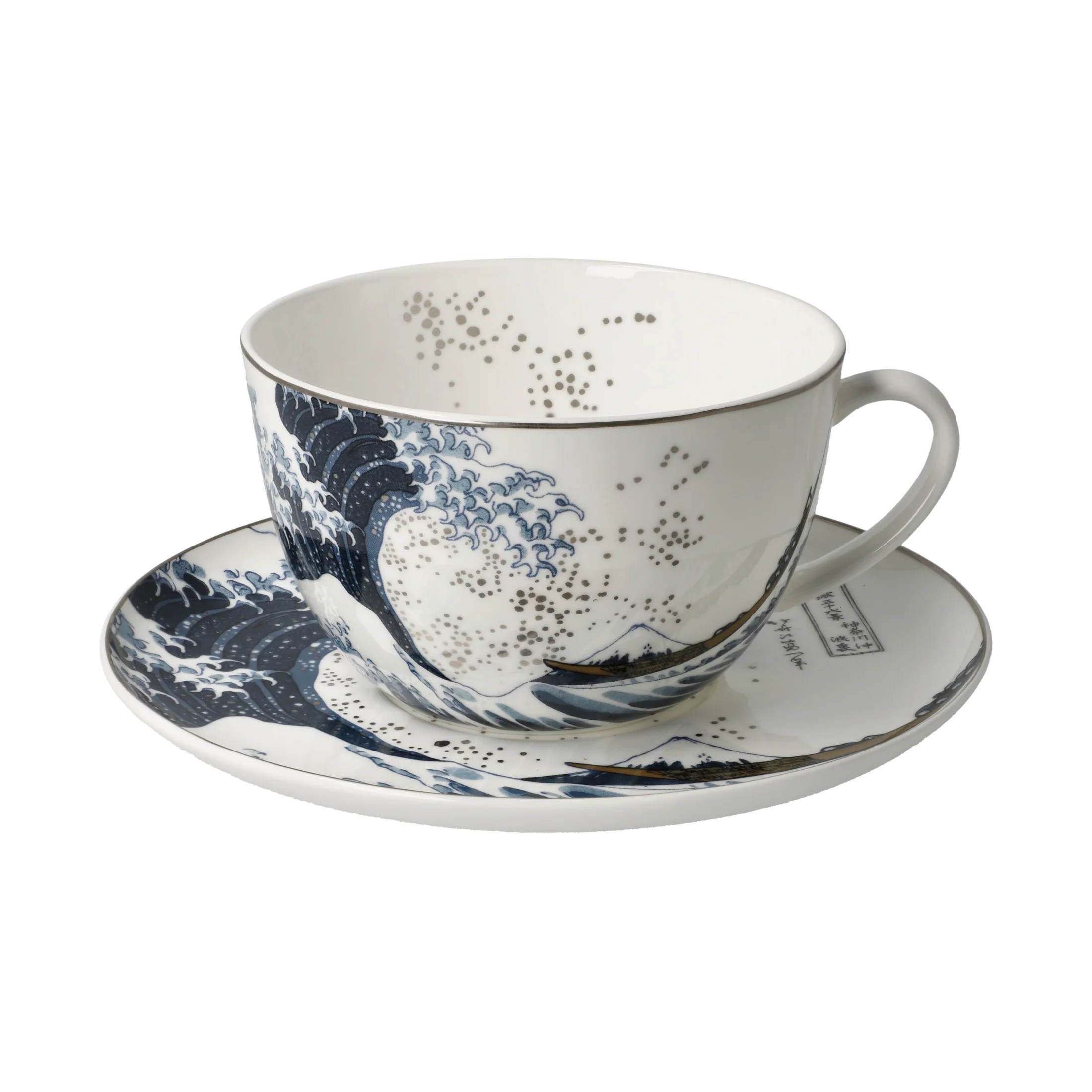 Goebel Hokusai Nagy Hullám teáskészlet, kék hullámokkal és arany szegéllyel díszített csésze tányéron